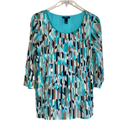 Alfani Size 1X Turquoise Tan Black Geometric Print Tiered Layered Tunic Top - Picture 2 of 7